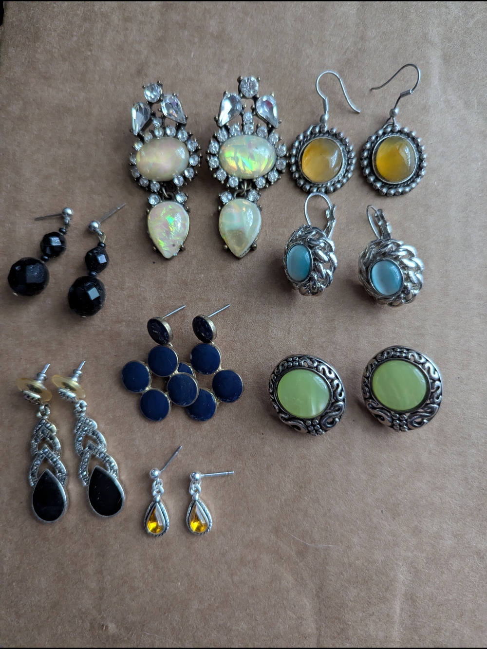 Used Assorted Women's Fashion Earrings - Opal, Yellow, Black & Blue Styles